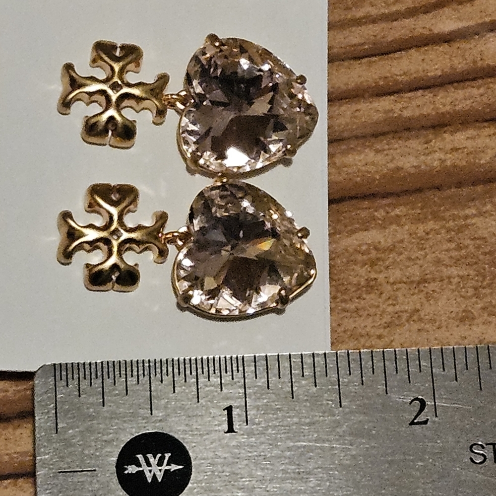 LOW START Tory Burch Gold and Pink Faceted Heart Earrings - Picture 5 of 8